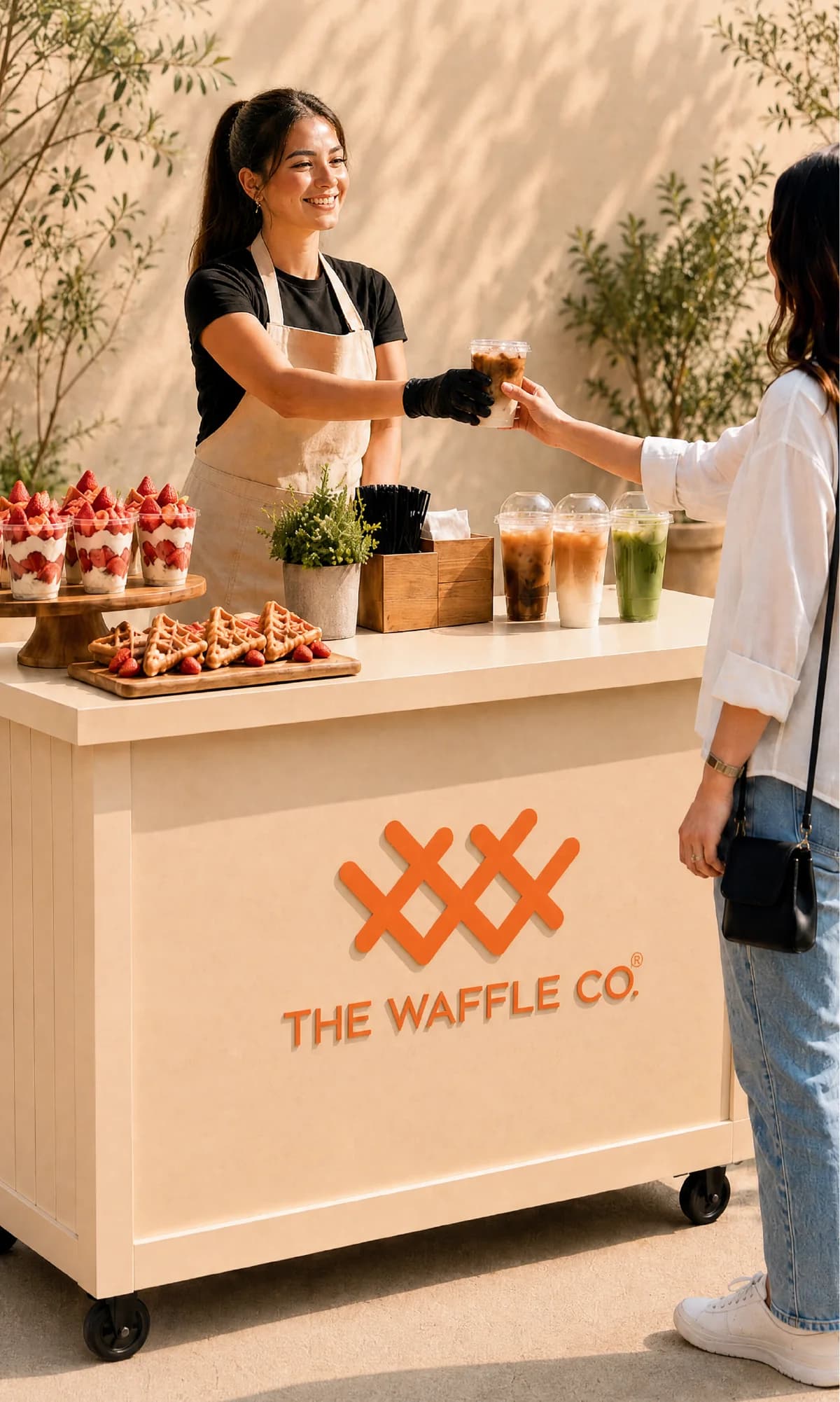 The Waffle Co. catering cart serving waffles, dessert cups and iced coffee at an outdoor event