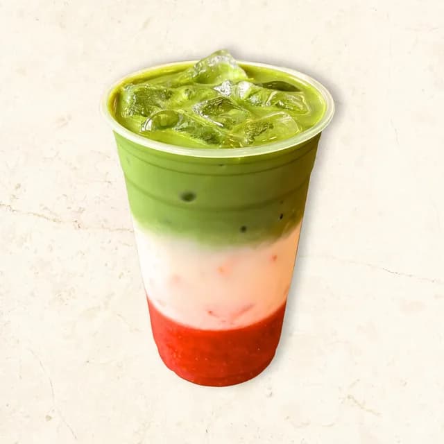 Iced Strawberry Matcha: ceremonial grade matcha drink at The Waffle Co.