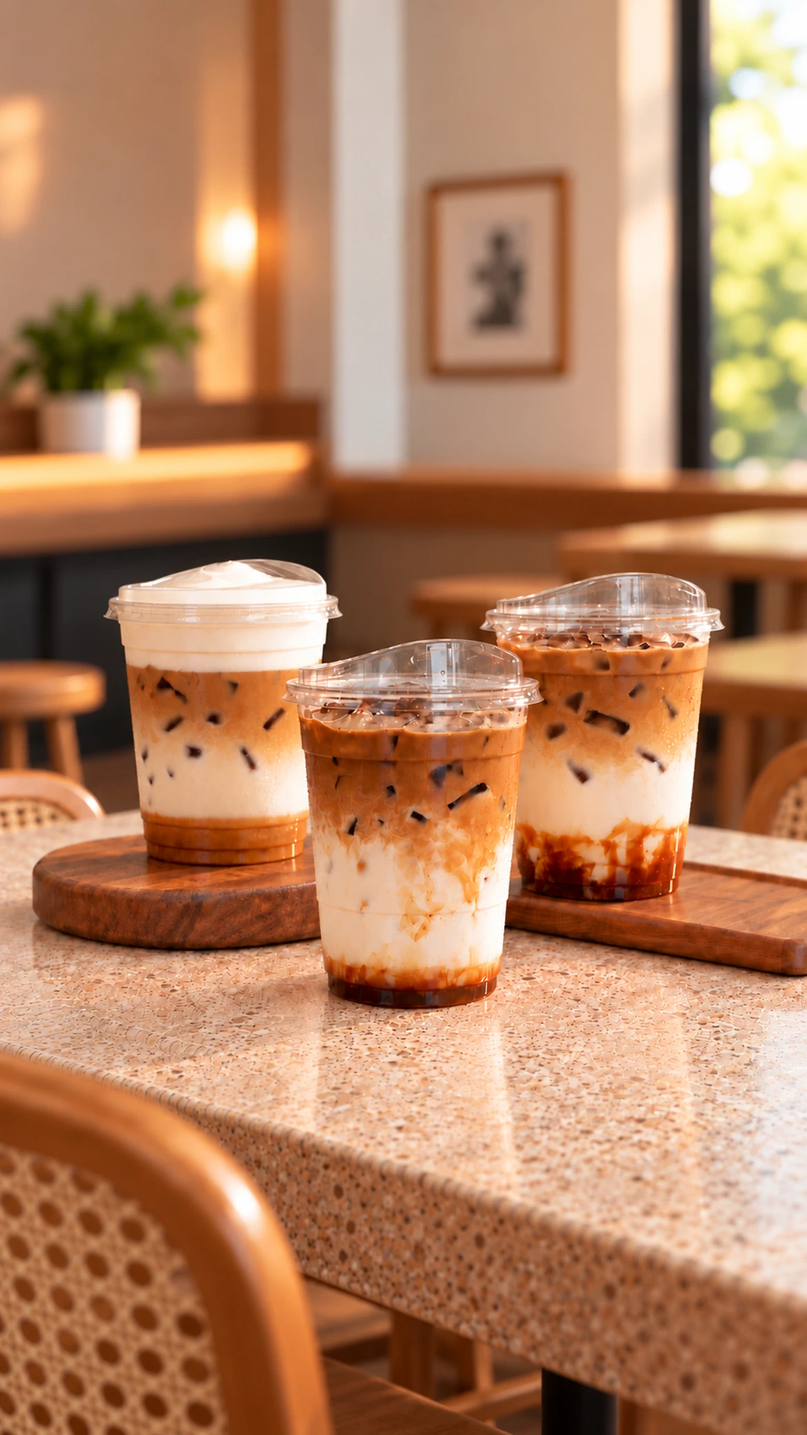 Three iced lattes and iced coffees with clear lids on a wooden tray at The Waffle Co. café